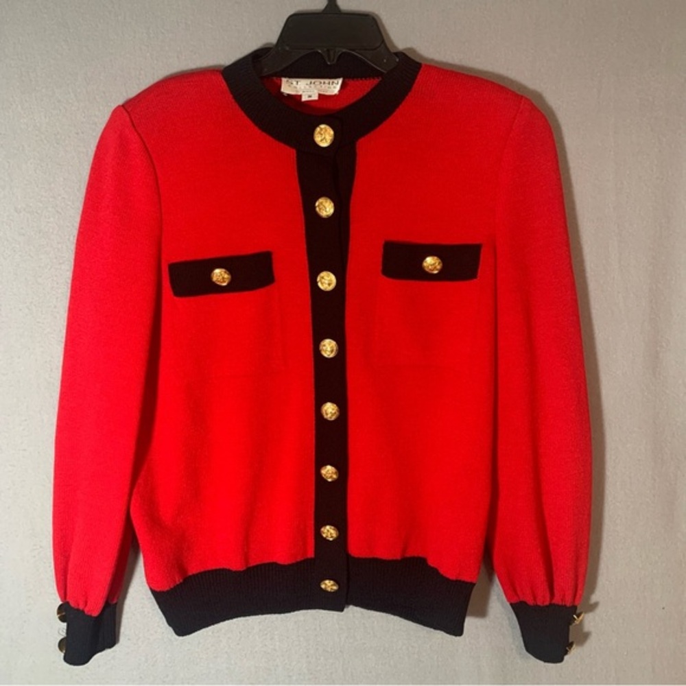 St. John Red and Black Knit Button Front Cardigan with Gold Buttons Sz Medium